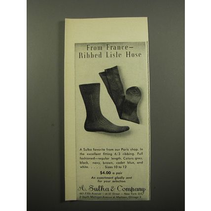 1950 A. Sulka Ribbed Lisle Hose Advertisement - From France