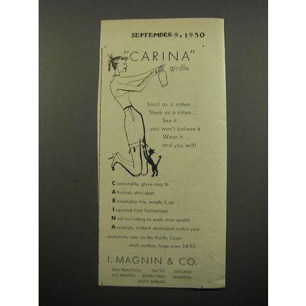 1950 I. Magnin Carina Girdle Ad - Small as a mitten.. sleek as a kitten..