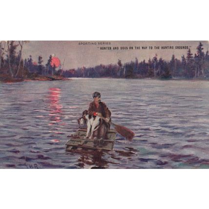 Animal Hunter With Dog On Way To Hunting Ground In Boat Raft Antique Postcard