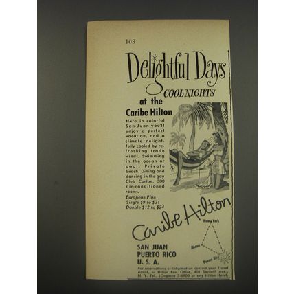 1956 Caribe Hilton Hotel, San Juan Puerto Rico Advertisement - Delightful Days