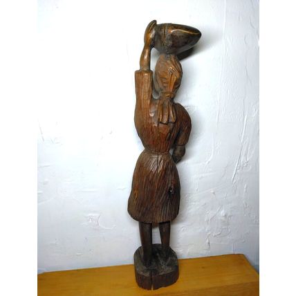 African Sculpture Tribal Woman Water Pot on Head Wood Carving - Abstract Art 19"