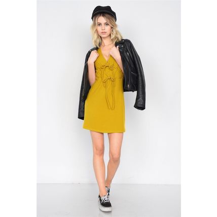 Mustard Ribbed V-neck Cap Sleeve Mini Solid Casual Dress