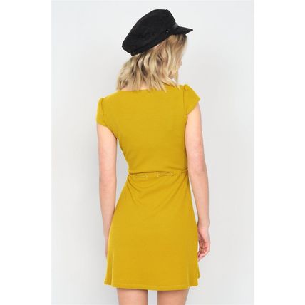 Mustard Ribbed V-neck Cap Sleeve Mini Solid Casual Dress