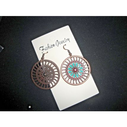 Large round bronze look turquoise colour earrings