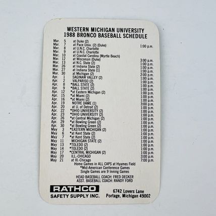 Western Michigan Broncos College Baseball Schedule 1988