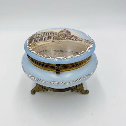 Victorian opaline Capitol Washington painted vanity trinket powder Box Antique
