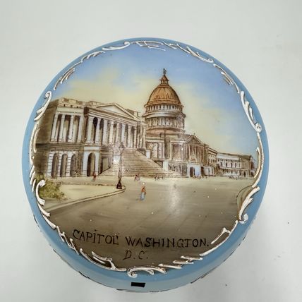 Victorian opaline Capitol Washington painted vanity trinket powder Box Antique