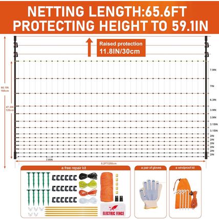 Poultry Electric Netting Fence - 47.3''H (Can Be Raised to 59.1''H) X 65.6'L for