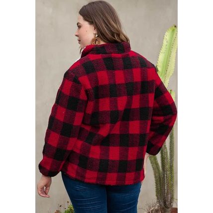 Fiery Red Plus Size Buffalo Plaid Sherpa Henley Sweatshirt