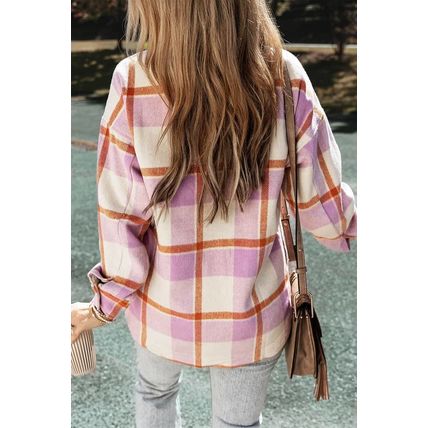 Purple Corduroy Pockets Brushed Checkered Shacket