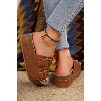 Chestnut Dual Buckle Studded Platform Sandal Slippers