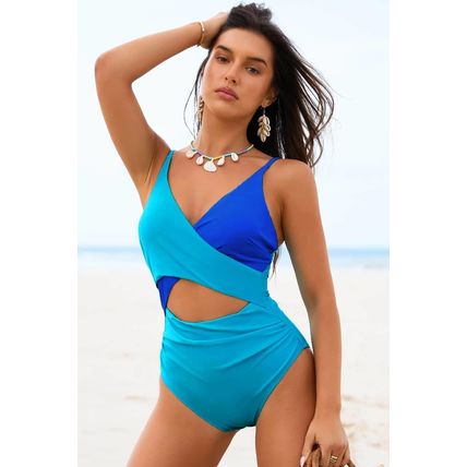 Light Blue Crossover Colorblock Cutout One Piece Swimsuit