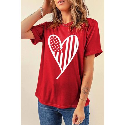 Red USA Flag Heart Shape Crewneck Graphic T Shirt