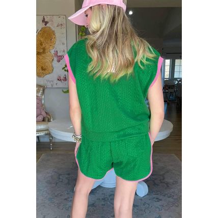 Green Contrast Trim Cable Textured Shorts Set
