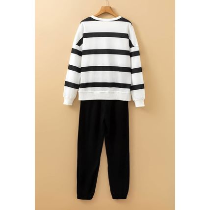 Black Stripe Drop Shoulder Pullover and Jogger Pants Set