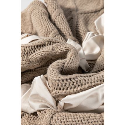 Simply Taupe Cable Knit Colorblock Satin Bowknot Short Sleeve Sweater