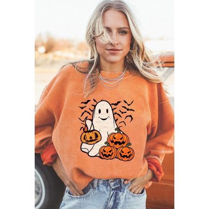 Orange Halloween Ghost Pumpkin Bat Print Corded Pullover Sweatshirt