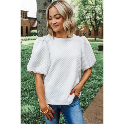 White Solid Textured O Neck Puff Sleeve Blouse