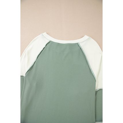 Mint Green Ribbed Colorblock Patchwork Raglan Long Sleeve Top