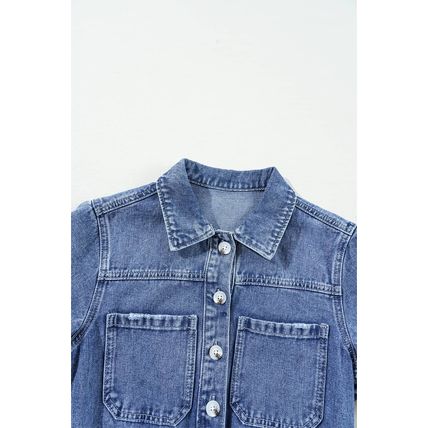 Dusk Blue Chest Pocket Front Buttoned Folded Edge Denim Short Sleeve Romper