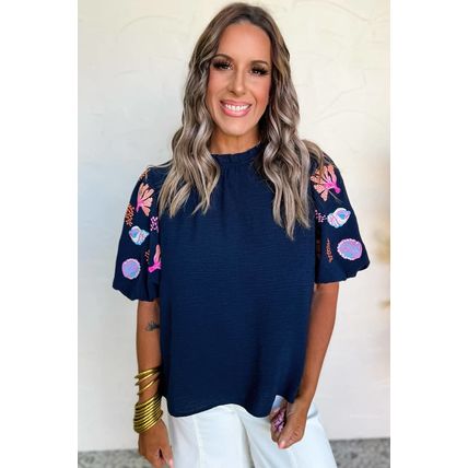 Sail Blue Shellfish Coral Embroidery Puff Sleeve Frilled Neck Blouse