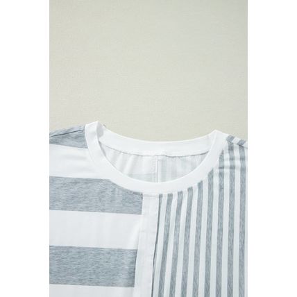 Gray Stripe Mixed Printed Short Sleeve Shift Mini T Shirt Dress