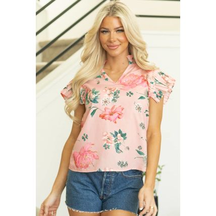 Pink Floral Print Frilled V Neck Pleated Sleeve Blouse