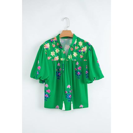Green Floral Detail Tie Split Neck Short Sleeve Blouse