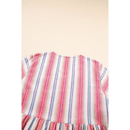 White Stripe Plus Size Embroidered Detail Flared 3/4 Sleeve V Neck Dress