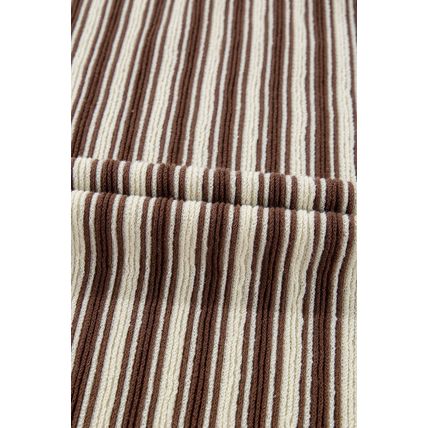Brown Stripe Textured Side Slits Crew Neck T Shirt