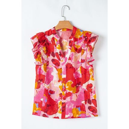 Red Abstract Print Split V Neck Ruffle Short Sleeve Blouse