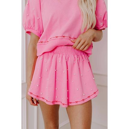 Pink Contrast Bow Trim Pearl Puff Sleeve Blouse and Skort 2pcs Set