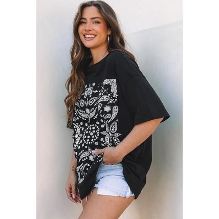 Black Paisley Print Crew Neck Loose Fit Tunic Tee