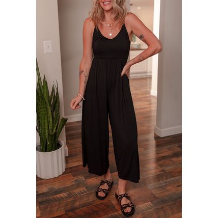 Black Spaghetti Straps Open Back Pleated Wide Leg Jumpsuit