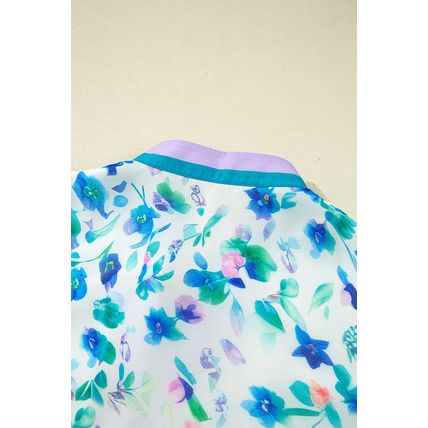 Green Floral Print Colorblock Edge Puff Sleeve Split Neck Plus Size Blouse