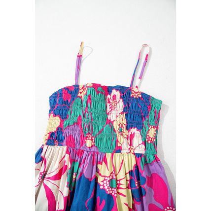 Purple Floral Print Shirred Spaghetti Strap Loose Maxi Dress