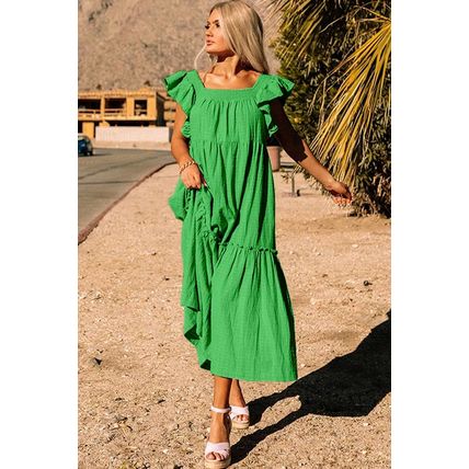 Green Ruffled Flutter Sleeve Square Neck Textured Tiered Maxi Dress