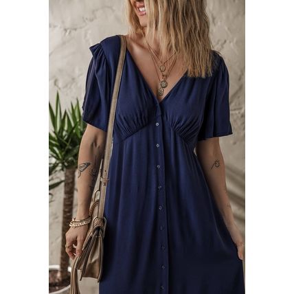 Navy Blue V Neck Buttoned Front Shirred Back Short Sleeve Midi Dress