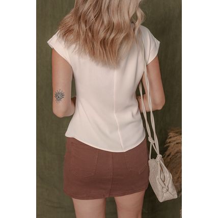 White Surplice V Neck Knotted Ruched Short Sleeve Peplum Blouse