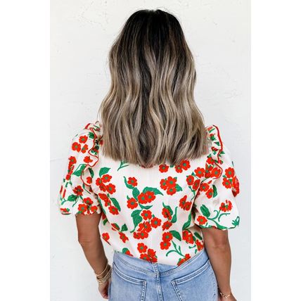 Red Floral Print Ruffled Puff Sleeve Elegant Summer Shirt