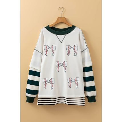 White Stripe Bowknot Patched Pattern Contrast Stitching Pullover Trendy Sweatshi