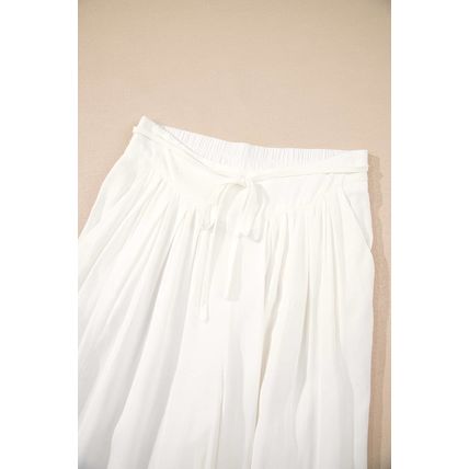 White Solid Drop Waist Pleated Wide Leg Casual Pants