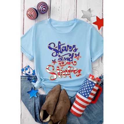 Light Blue Stars and Stripes Graphic July 4th Patriotic Tee