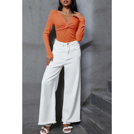 Orange Textured Twist Front V Neck Long Sleeve Slim Solid Color Top