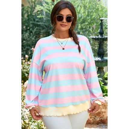 Sky Blue Stripe Drop Shoulder Crewneck Plus Size Sweatshirt