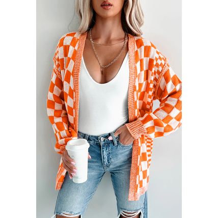 Orange Checkered Open Front Drop Shoulder Cardigan