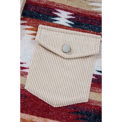 Multicolour Western Aztec Striped Patchwork Double Flap Pocket Raw Hem Shacket