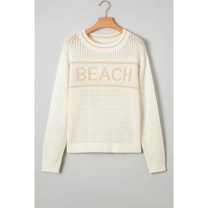 White BEACH Hollow Out Knitted Lightweight Dolman Sweater