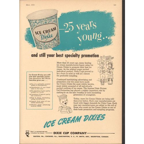 dixie cup company 1951 25 years young portion ice cream vintage ad