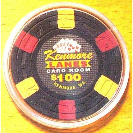 Kenmore Lanes $100. CASINO CHIP - Kenmore, Washington - Card Room - 1994
